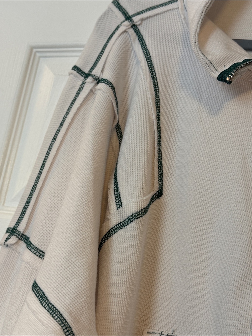 POL Cream Cropped Half-Zip Pullover with Dark Green Topstitching - Picture 4 of 6